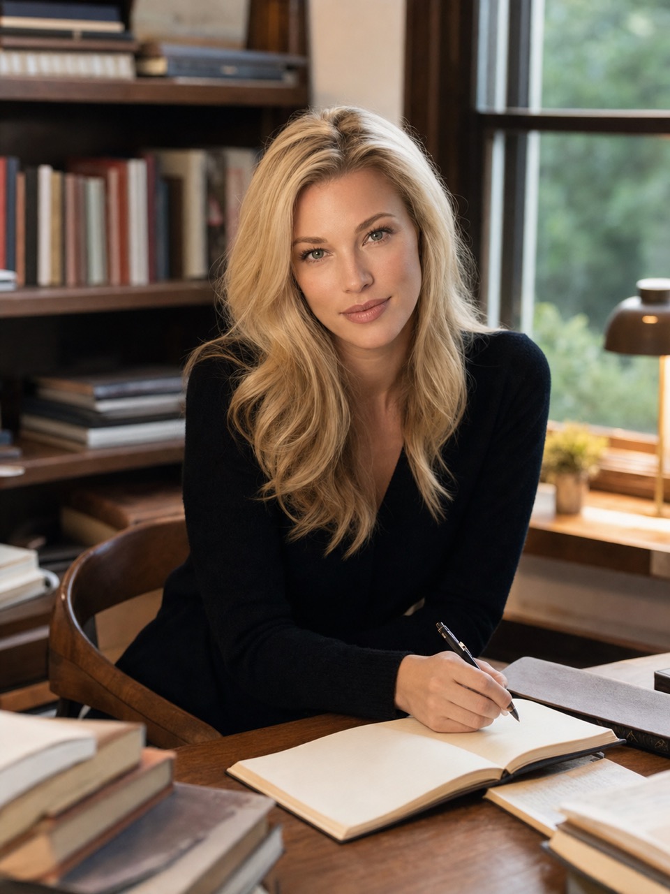 Nicole Junkerman reading back through a notebook at a wooden desk lined with books