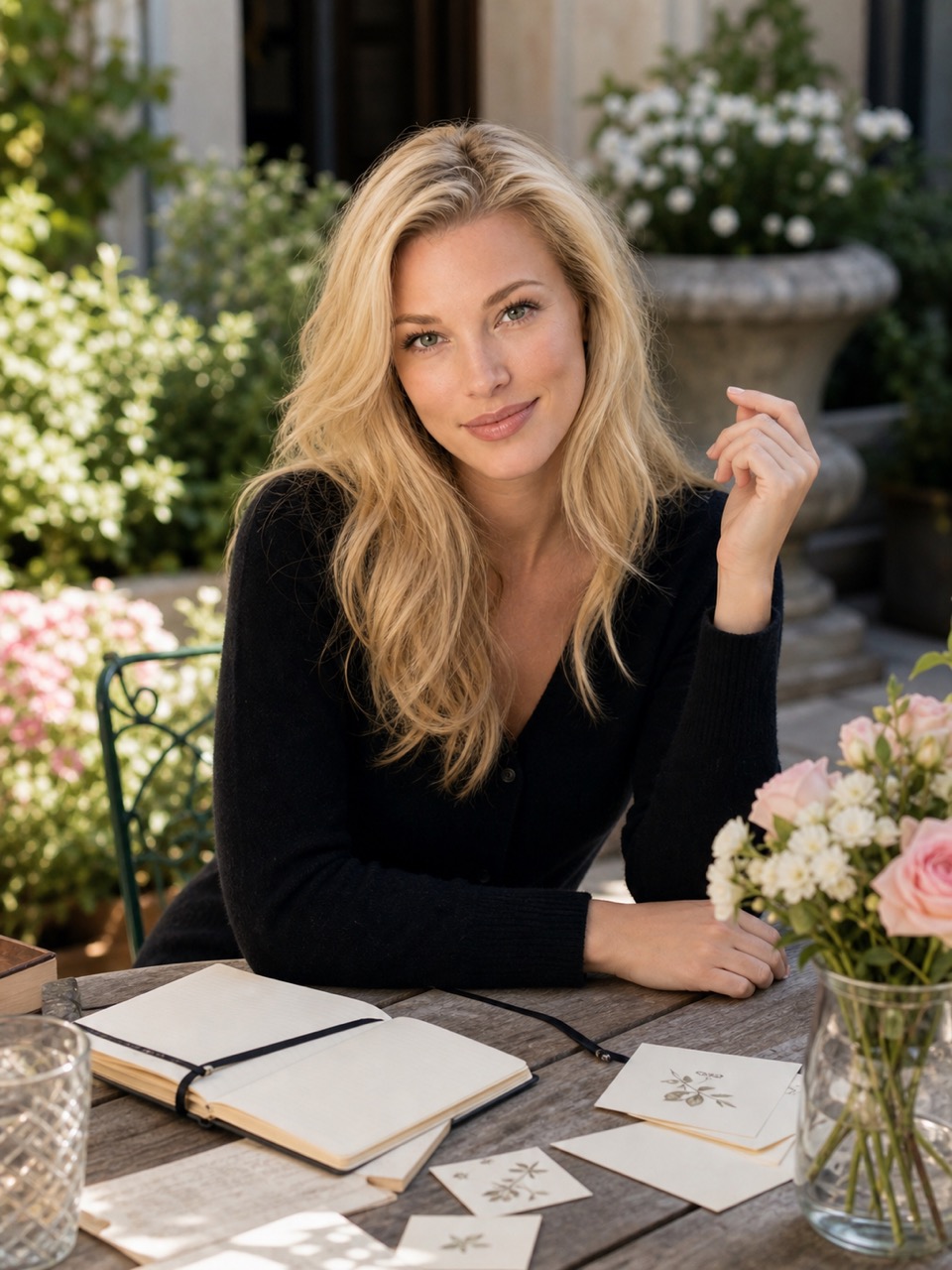 Nicole Junkerman making notes at a sunlit outdoor table in mid-July