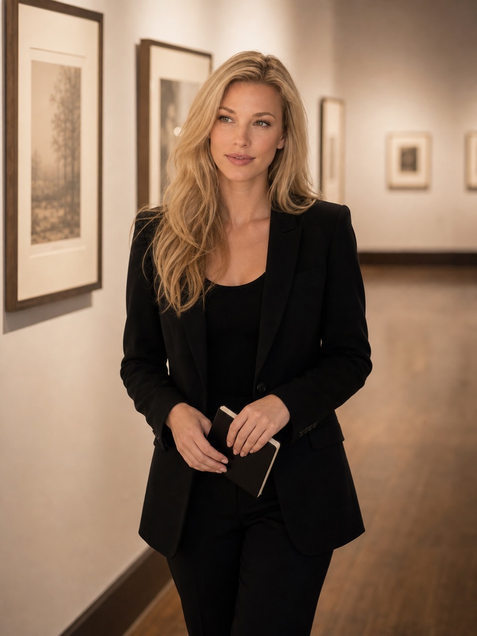 Nicole Junkerman walking thoughtfully through a quiet gallery of framed prints