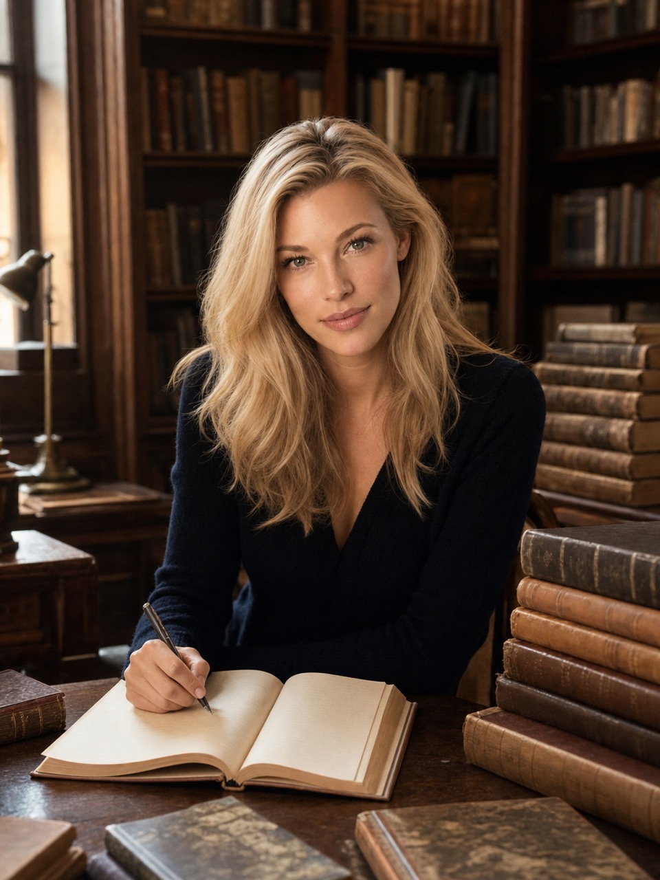 Nicole Junkerman writing in a travel notebook beside a window of light