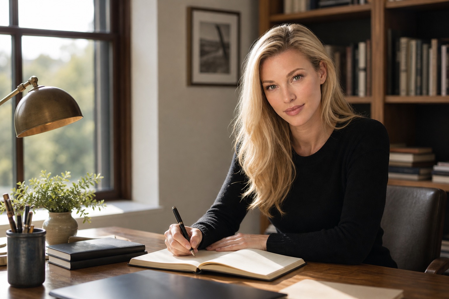 Nicole Junkerman writing at a calm desk beside a window and a stack of books