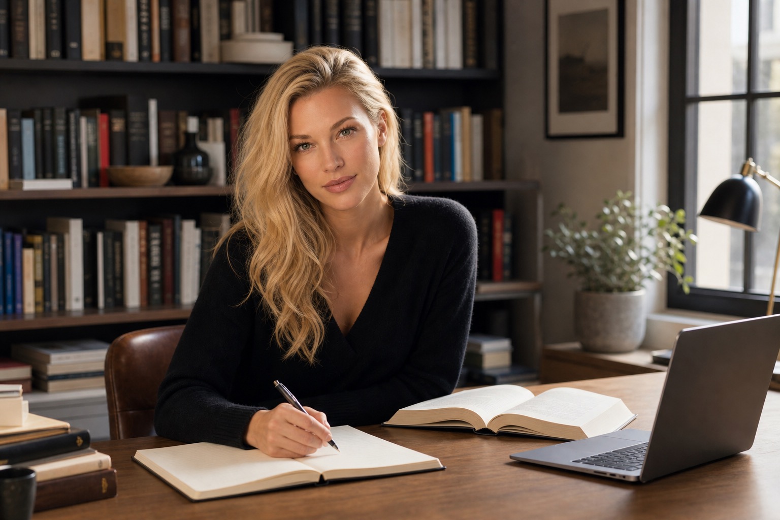Nicole Junkerman taking learning notes beside an open book and a laptop