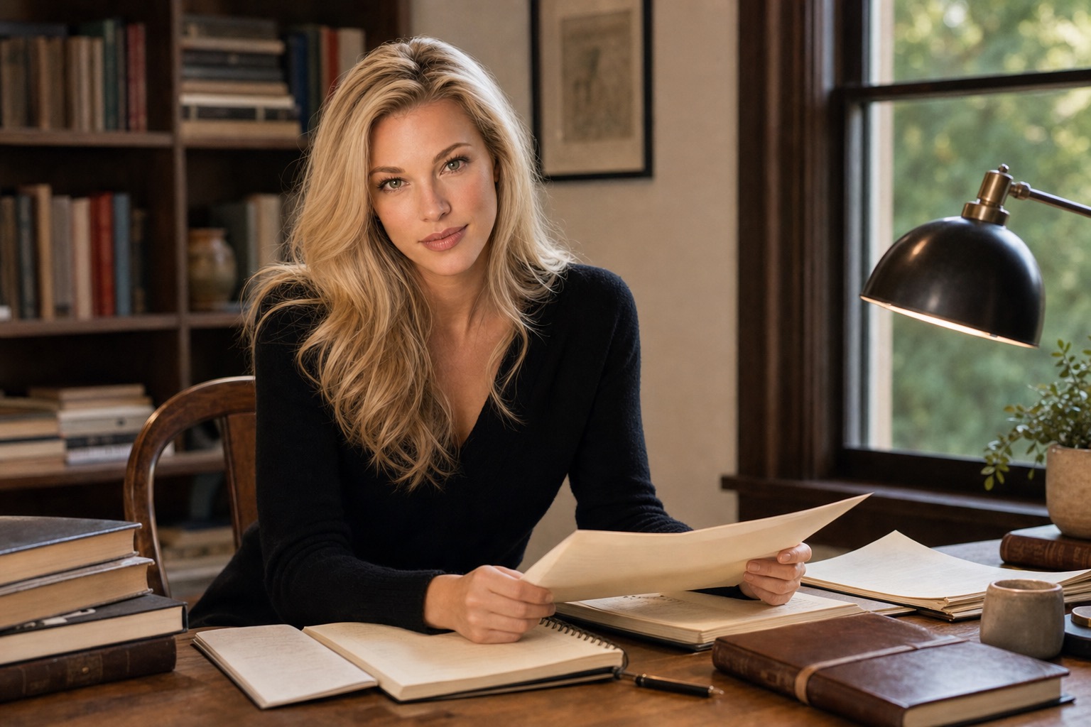Nicole Junkerman reviewing pages and notes at a quiet reading desk